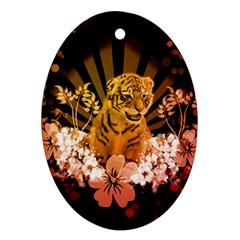 Cute Little Tiger With Flowers Oval Ornament (two Sides) by FantasyWorld7