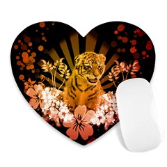 Cute Little Tiger With Flowers Heart Mousepads by FantasyWorld7