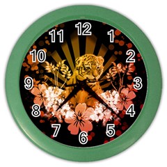 Cute Little Tiger With Flowers Color Wall Clocks by FantasyWorld7