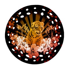 Cute Little Tiger With Flowers Round Filigree Ornament (two Sides) by FantasyWorld7