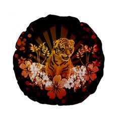 Cute Little Tiger With Flowers Standard 15  Premium Round Cushions by FantasyWorld7