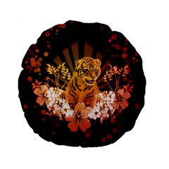 Cute Little Tiger With Flowers Standard 15  Premium Flano Round Cushions by FantasyWorld7