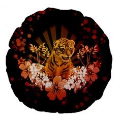 Cute Little Tiger With Flowers Large 18  Premium Flano Round Cushions by FantasyWorld7