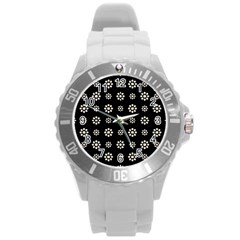 Dark Stylized Floral Pattern Round Plastic Sport Watch (l) by dflcprints