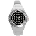 Dark Stylized Floral Pattern Round Plastic Sport Watch (L) Front