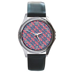 Squares And Circles Motif Geometric Pattern Round Metal Watch by dflcprints