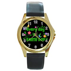 Earth Day Round Gold Metal Watch