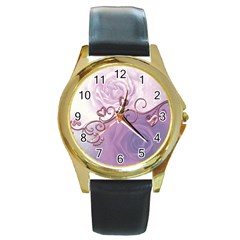 Wonderful Soft Violet Roses With Hearts Round Gold Metal Watch by FantasyWorld7