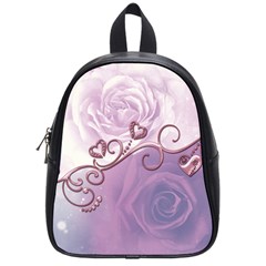 Wonderful Soft Violet Roses With Hearts School Bag (small) by FantasyWorld7