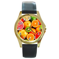 Mixed Fruit 1 Round Gold Metal Watch by trendistuff