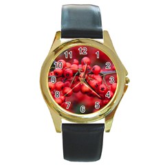 Red Berries 1 Round Gold Metal Watch by trendistuff