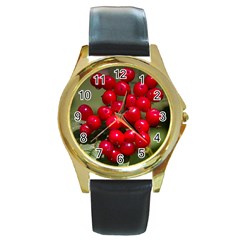 Red Berries 2 Round Gold Metal Watch by trendistuff