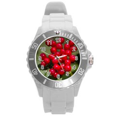 Red Berries 2 Round Plastic Sport Watch (l) by trendistuff