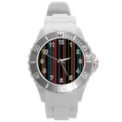 Multicolored Dark Stripes Pattern Round Plastic Sport Watch (l) by dflcprints