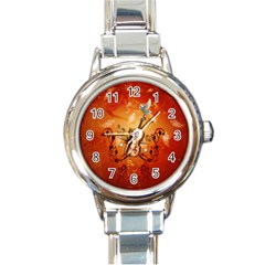 Violin With Violin Bow And Dove Round Italian Charm Watch