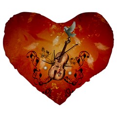 Violin With Violin Bow And Dove Large 19  Premium Heart Shape Cushions by FantasyWorld7