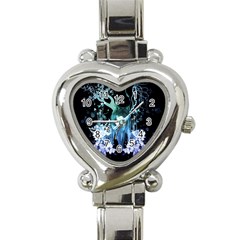 Amazing Wolf With Flowers, Blue Colors Heart Italian Charm Watch by FantasyWorld7