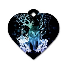 Amazing Wolf With Flowers, Blue Colors Dog Tag Heart (one Side) by FantasyWorld7