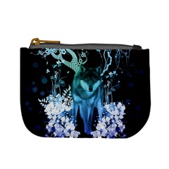 Amazing Wolf With Flowers, Blue Colors Mini Coin Purses by FantasyWorld7