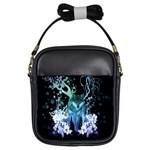 Amazing Wolf With Flowers, Blue Colors Girls Sling Bags Front