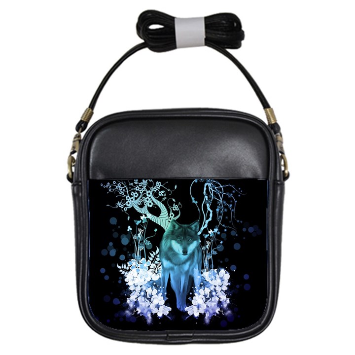 Amazing Wolf With Flowers, Blue Colors Girls Sling Bags