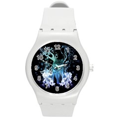 Amazing Wolf With Flowers, Blue Colors Round Plastic Sport Watch (m) by FantasyWorld7