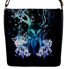 Amazing Wolf With Flowers, Blue Colors Flap Messenger Bag (s) by FantasyWorld7