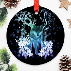 Amazing Wolf With Flowers, Blue Colors Ornament (round) by FantasyWorld7