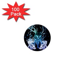 Amazing Wolf With Flowers, Blue Colors 1  Mini Buttons (100 Pack)  by FantasyWorld7