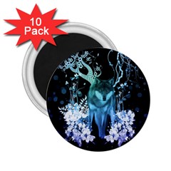 Amazing Wolf With Flowers, Blue Colors 2 25  Magnets (10 Pack)  by FantasyWorld7