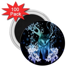 Amazing Wolf With Flowers, Blue Colors 2 25  Magnets (100 Pack)  by FantasyWorld7