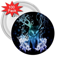 Amazing Wolf With Flowers, Blue Colors 3  Buttons (100 Pack)  by FantasyWorld7