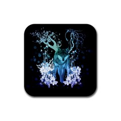 Amazing Wolf With Flowers, Blue Colors Rubber Coaster (square)  by FantasyWorld7