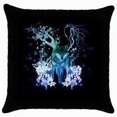 Amazing Wolf With Flowers, Blue Colors Throw Pillow Case (black) by FantasyWorld7