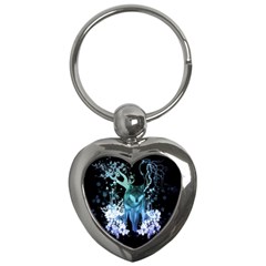 Amazing Wolf With Flowers, Blue Colors Key Chains (heart)  by FantasyWorld7