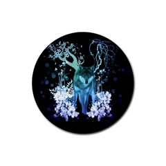 Amazing Wolf With Flowers, Blue Colors Rubber Round Coaster (4 Pack)  by FantasyWorld7