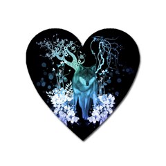 Amazing Wolf With Flowers, Blue Colors Heart Magnet by FantasyWorld7