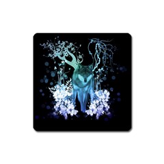 Amazing Wolf With Flowers, Blue Colors Square Magnet