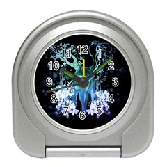 Amazing Wolf With Flowers, Blue Colors Travel Alarm Clocks