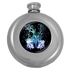 Amazing Wolf With Flowers, Blue Colors Round Hip Flask (5 Oz) by FantasyWorld7