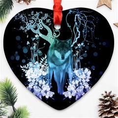 Amazing Wolf With Flowers, Blue Colors Heart Ornament (two Sides) by FantasyWorld7