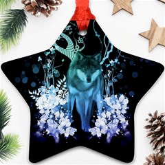 Amazing Wolf With Flowers, Blue Colors Star Ornament (two Sides) by FantasyWorld7