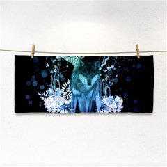 Amazing Wolf With Flowers, Blue Colors Hand Towel by FantasyWorld7