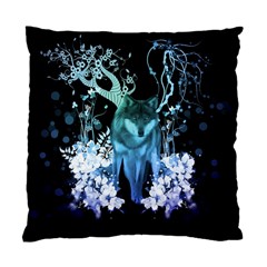 Amazing Wolf With Flowers, Blue Colors Standard Cushion Case (one Side) by FantasyWorld7