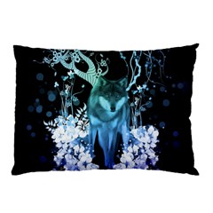 Amazing Wolf With Flowers, Blue Colors Pillow Case by FantasyWorld7