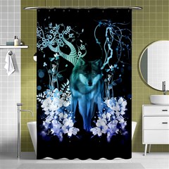 Amazing Wolf With Flowers, Blue Colors Shower Curtain 48  X 72  (small)  by FantasyWorld7