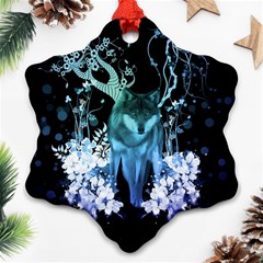 Amazing Wolf With Flowers, Blue Colors Ornament (snowflake) by FantasyWorld7