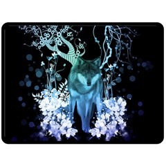 Amazing Wolf With Flowers, Blue Colors Double Sided Fleece Blanket (large)  by FantasyWorld7