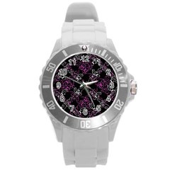 Dark Intersecting Lace Pattern Round Plastic Sport Watch (l) by dflcprints