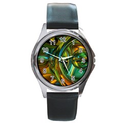 3d Transparent Glass Shapes Mixture Of Dark Yellow Green Glass Mixture Artistic Glassworks Round Metal Watch by Sapixe